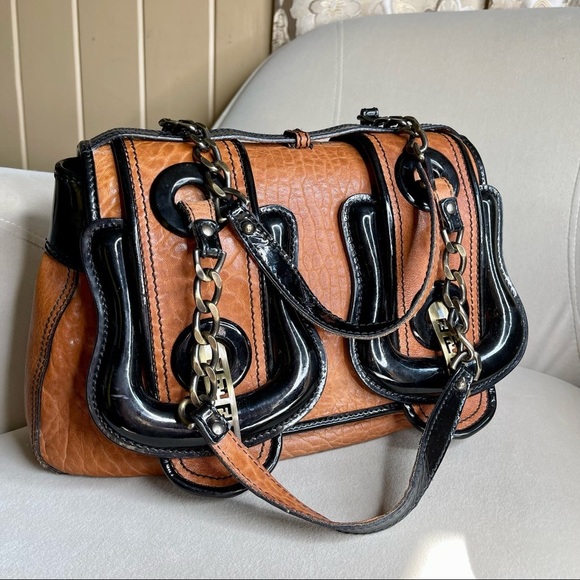 Fendi B Bag Camel And Black Patent Leather Satchel Purse Shoulder Classic - Picture 1 of 12